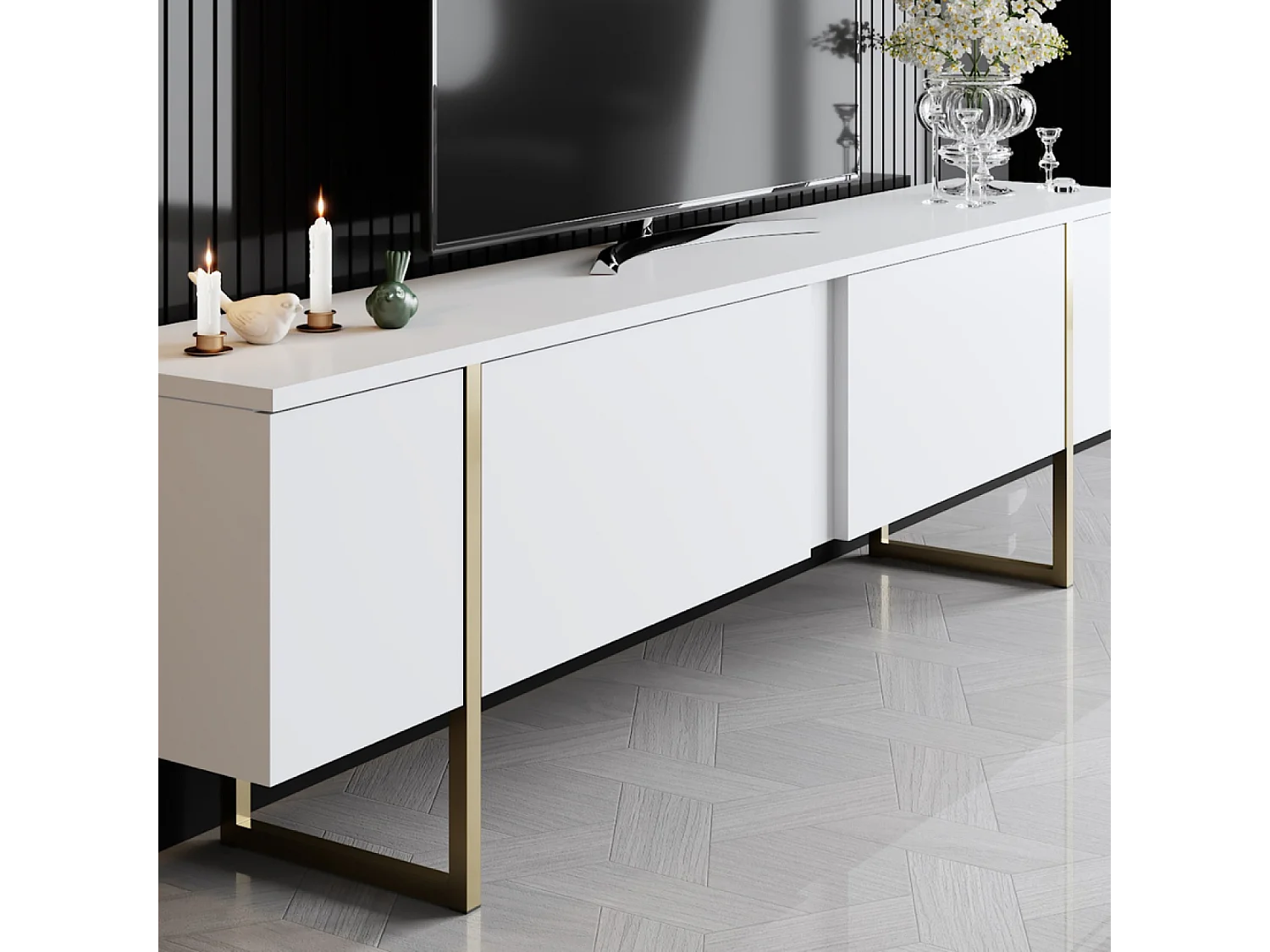 Meuble TV blanc et doré 2 portes 180cm LUXOR