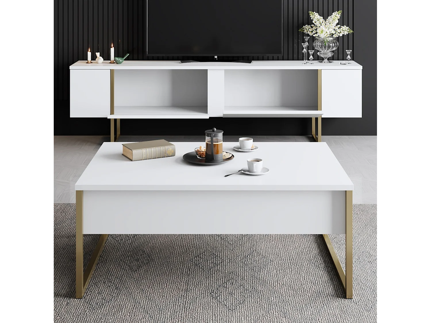 Meuble TV blanc et doré 2 portes 180cm LUXOR