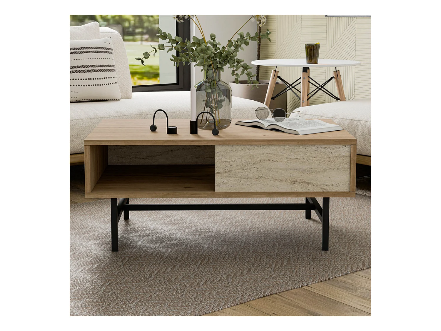 Table basse design bois et travertin avec compartiment TROSA