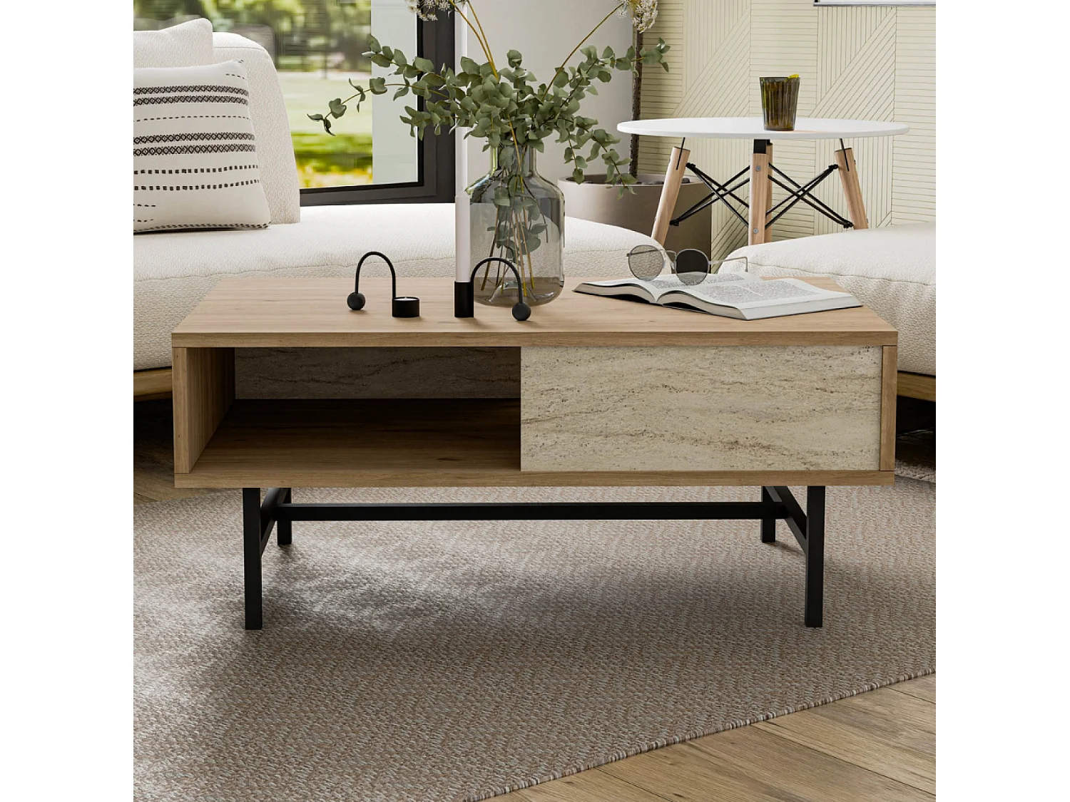 Design salontafel van hout en travertijn met compartiment TROSA