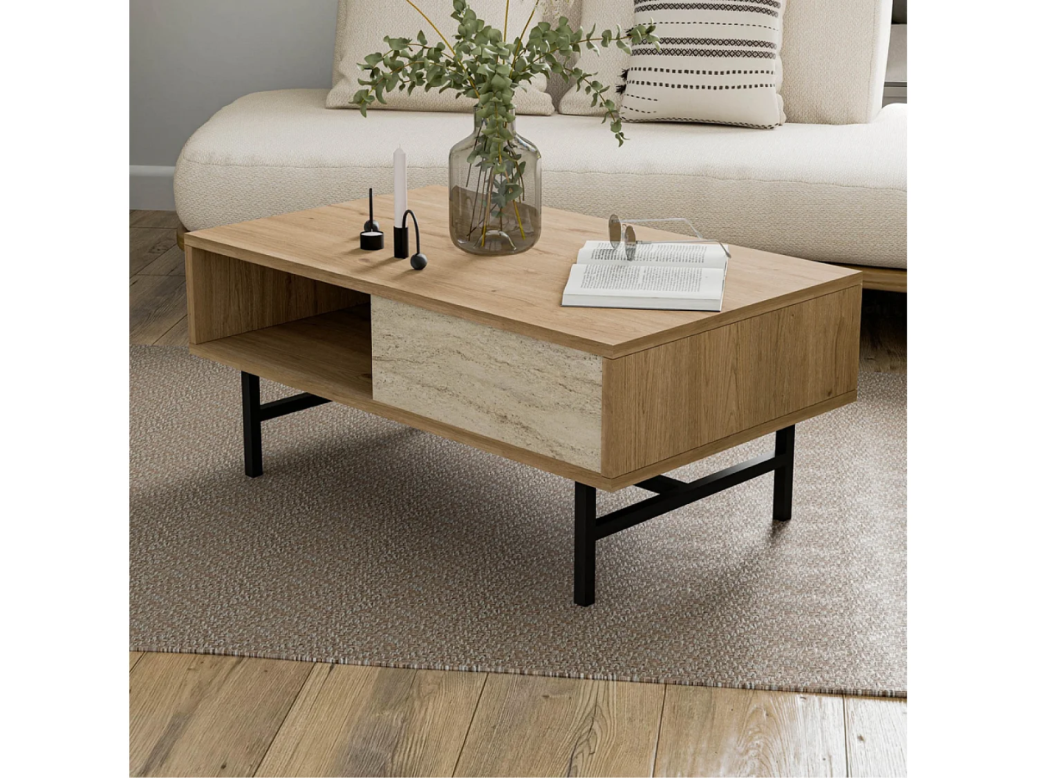 Design salontafel van hout en travertijn met compartiment TROSA