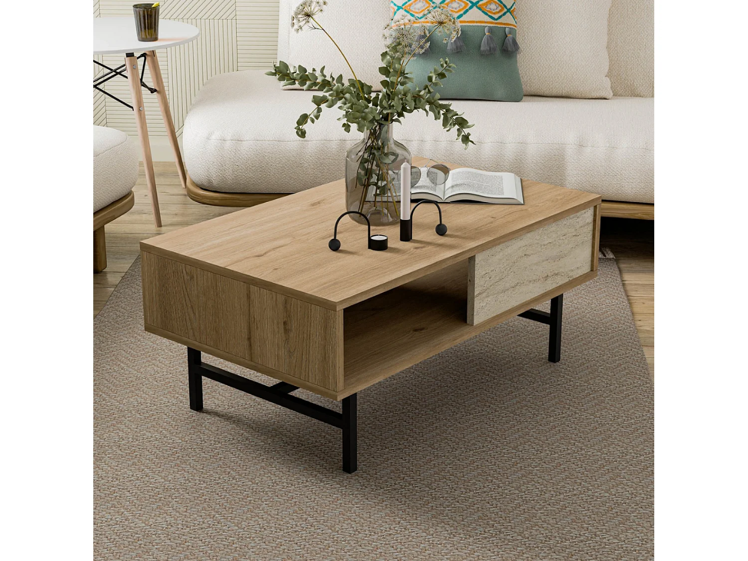 Table basse design bois et travertin avec compartiment TROSA