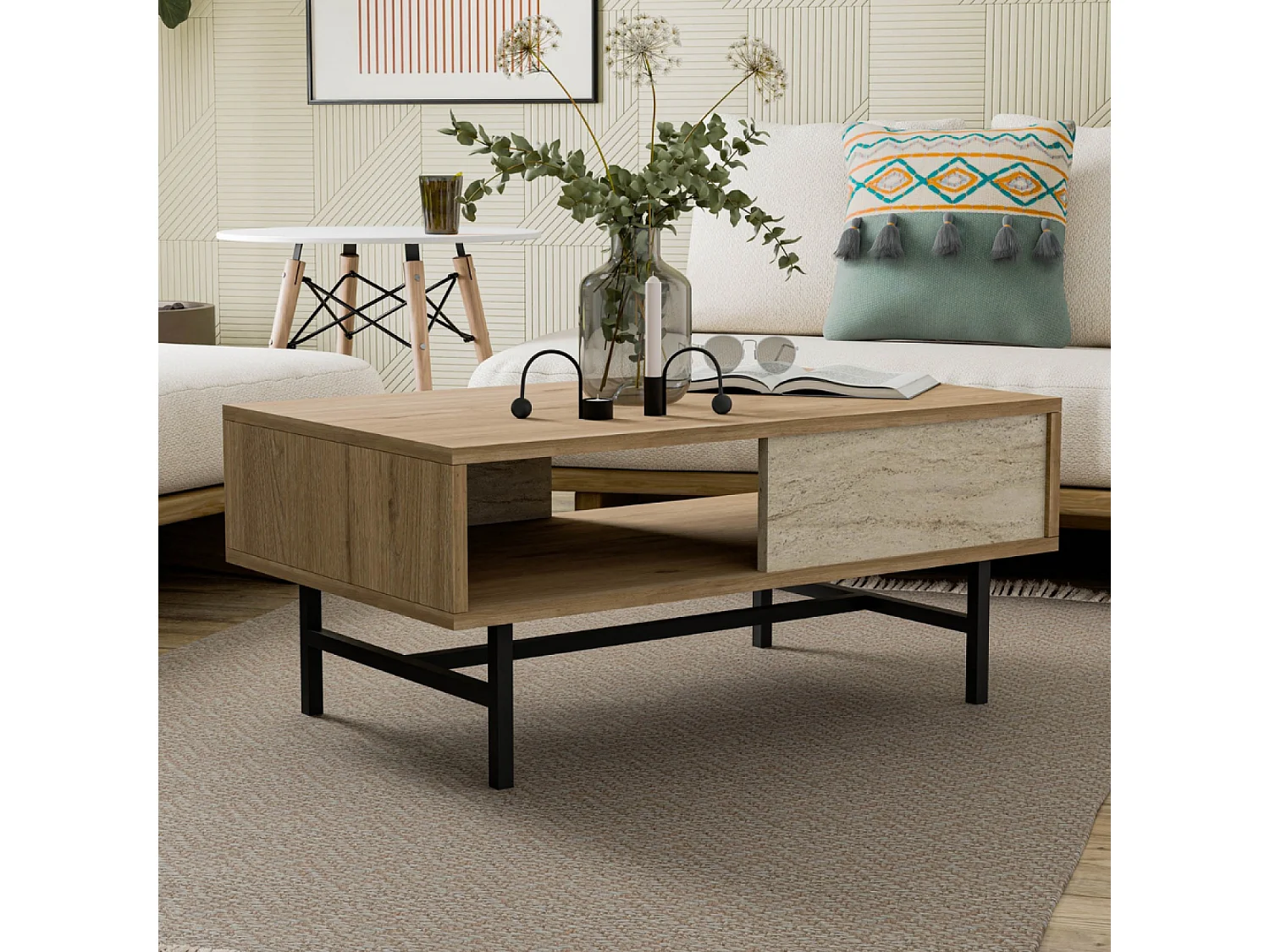 Table basse design bois et travertin avec compartiment TROSA