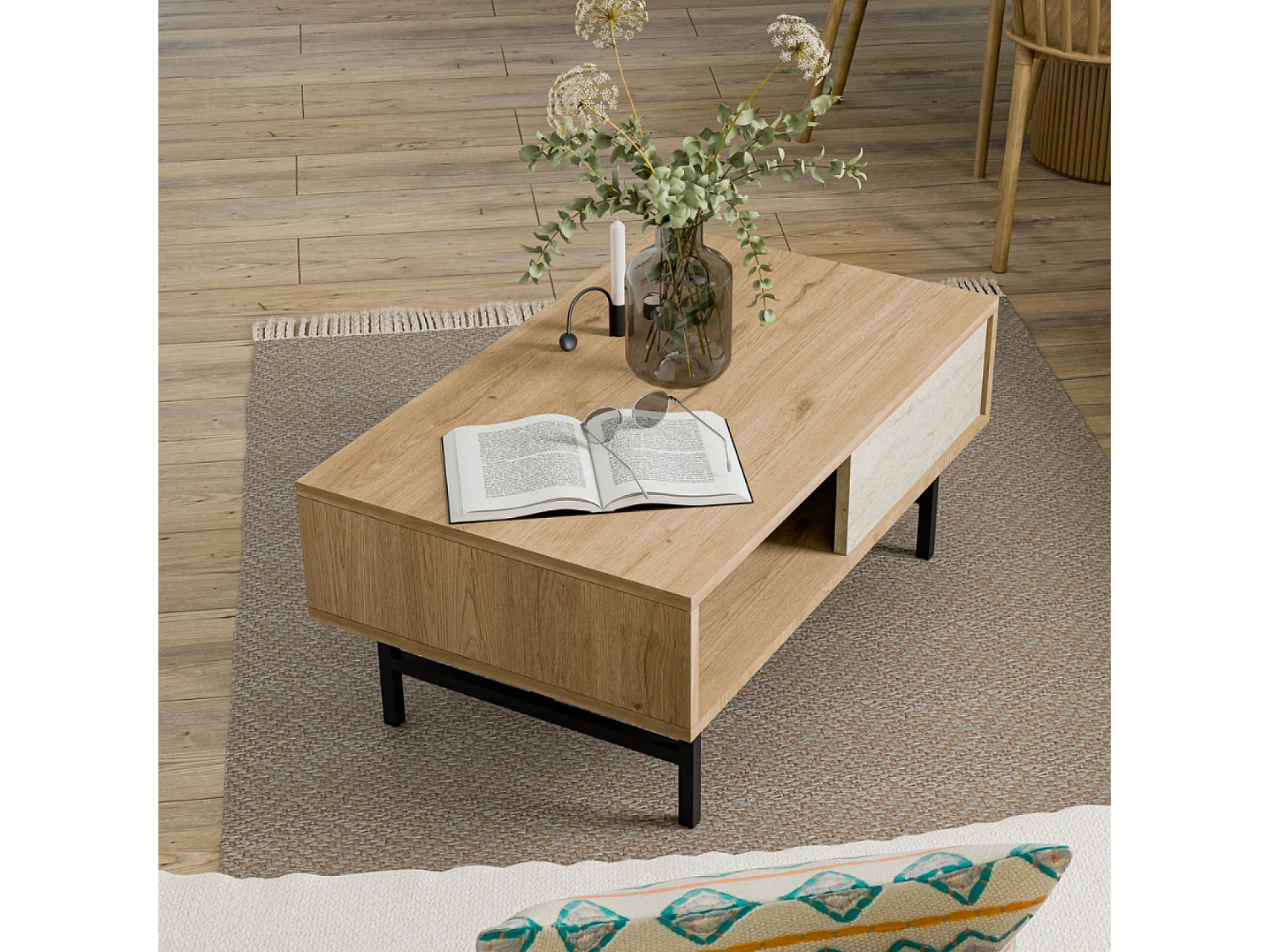 Table basse design bois et travertin avec compartiment TROSA
