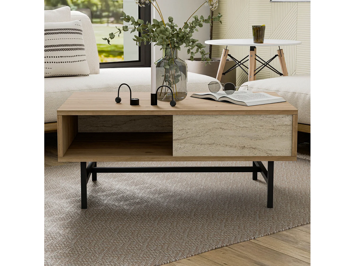 Table basse design bois et travertin avec compartiment TROSA