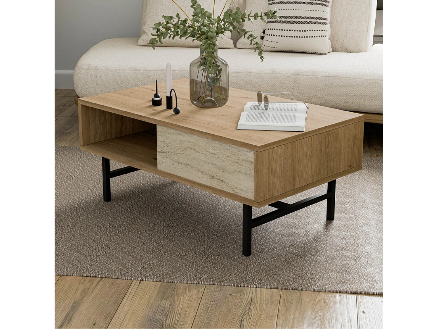 Table basse design bois et travertin avec compartiment TROSA