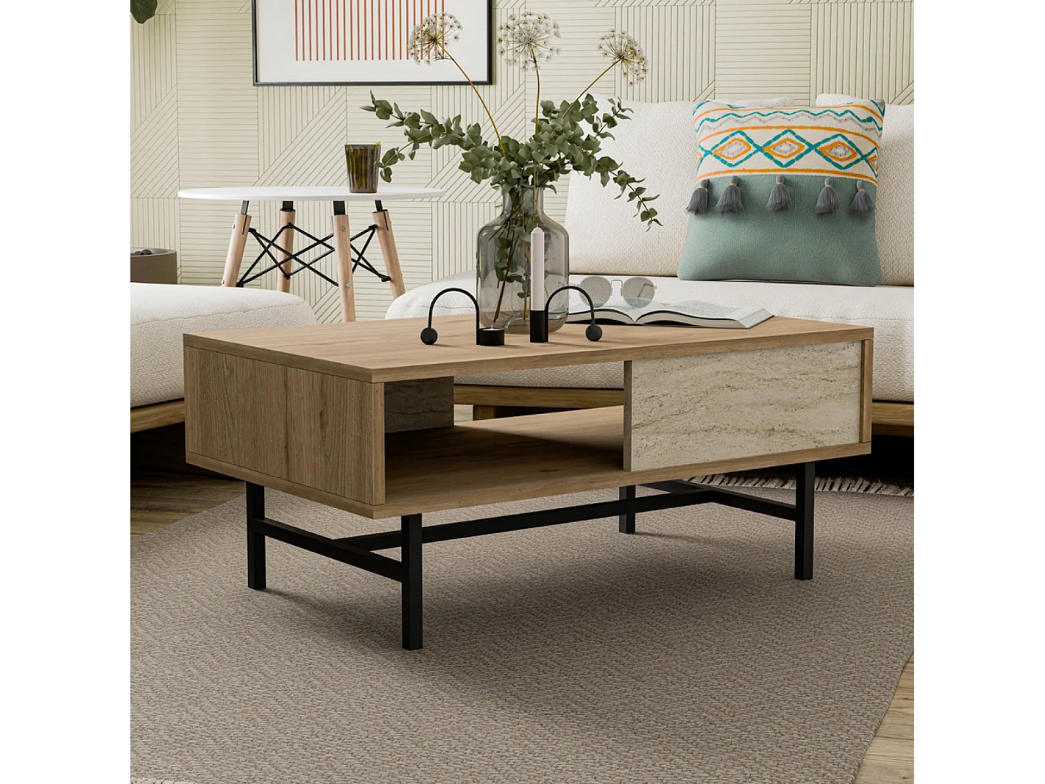 Table basse design bois et travertin avec compartiment TROSA