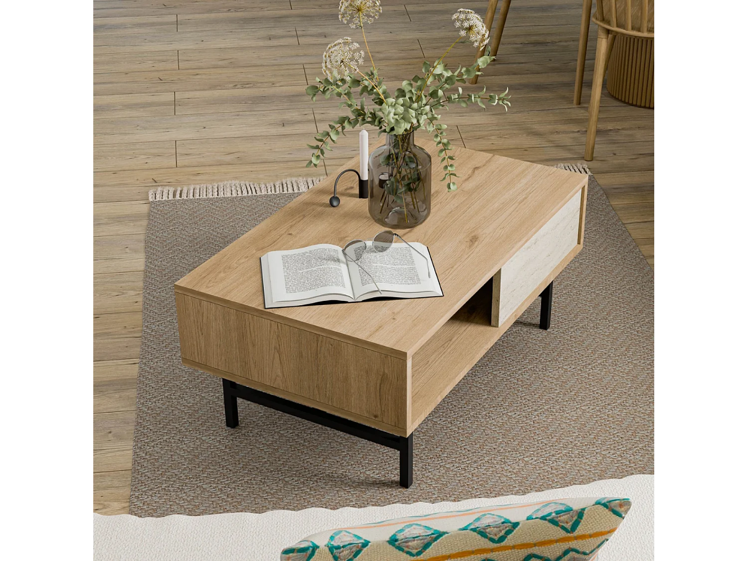Table basse design bois et travertin avec compartiment TROSA