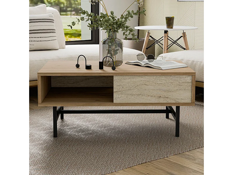 Table basse design bois et travertin avec compartiment TROSA