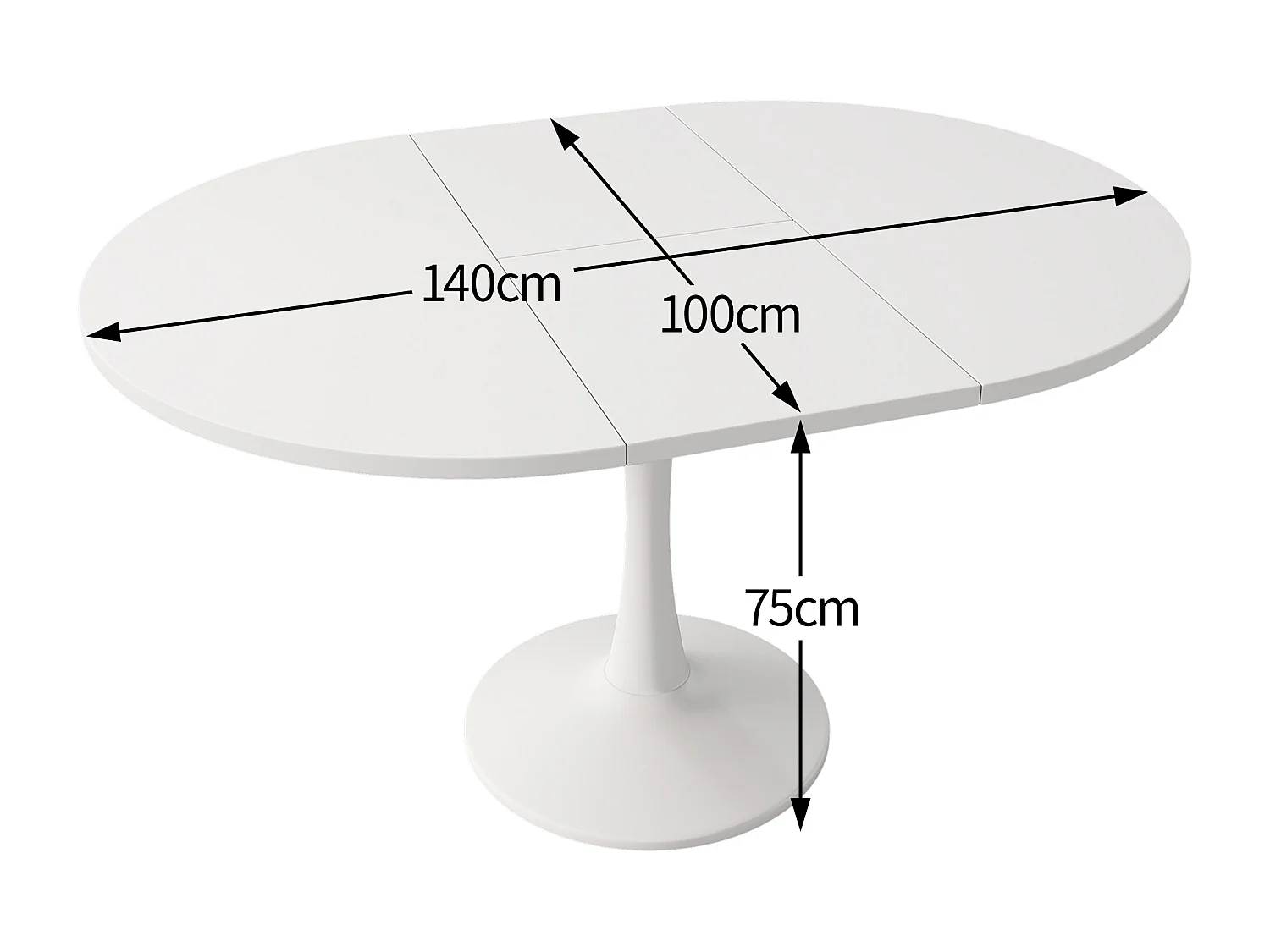 Intrekbare ovale eettafel - 100/140 x 100 x 75 cm - MDF - Wit