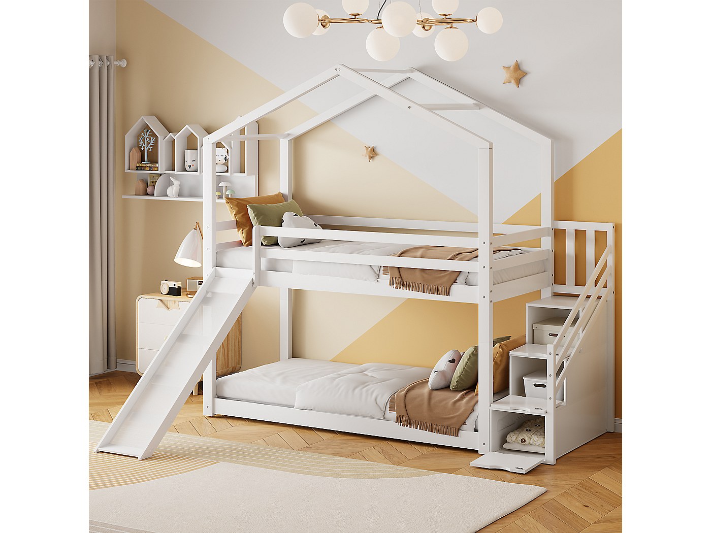 Lit Superposé Enfant 90x200 Cm Avec Toboggan - Structure Cabane, Pin Et MDF - Escalier Avec Rangements - Gris Ou Blanc