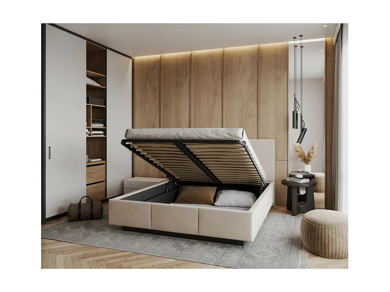 Lit coffre Aveiro 140 x 200 cm avec sommier à lattes relevable Beige Foncé