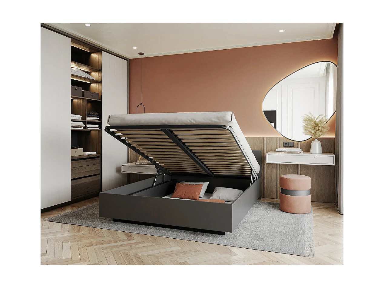 Lit coffre Perou 160 x 200 cm avec sommier à lattes relevable Gris Foncé