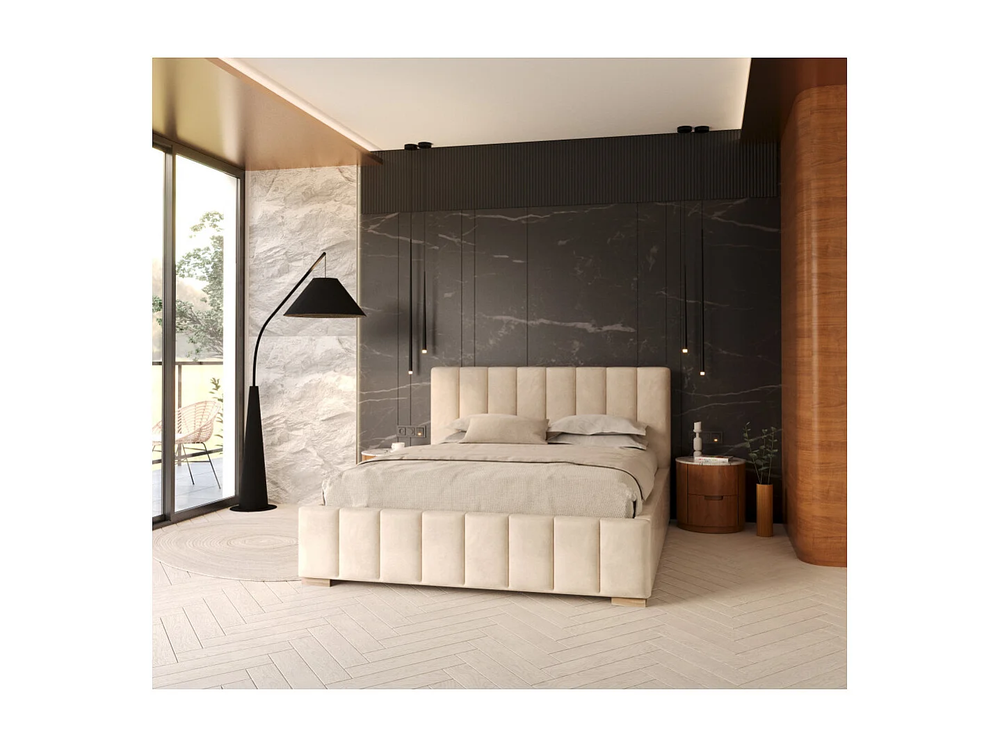 Lit coffre Austin 140 x 190 cm avec sommier à lattes relevable Crème