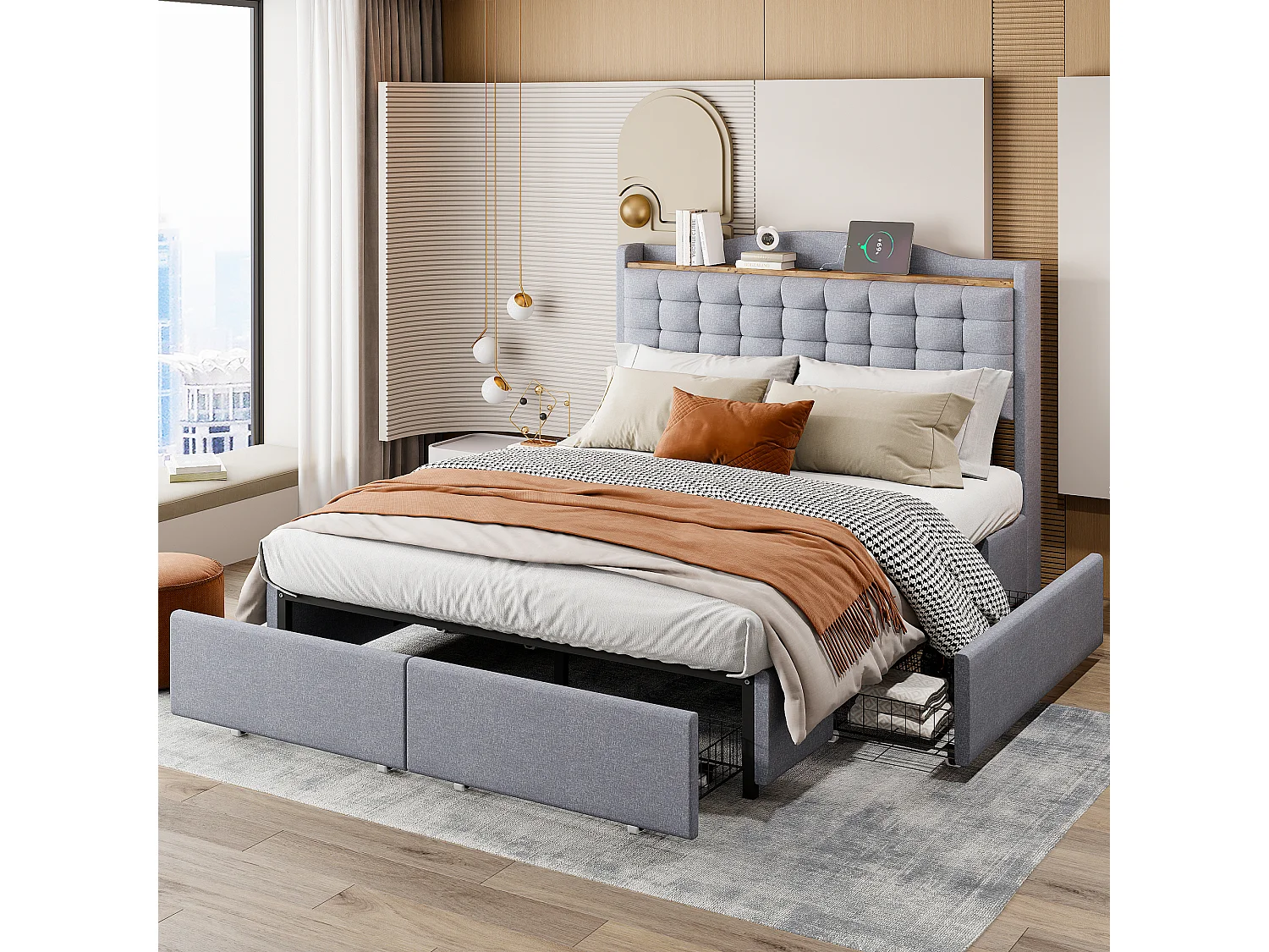 Gestoffeerd bed 140 x 200 cm, tweepersoonsbed met USB-oplaadpoort en plank, opbergruimte met 4 lades, in grijs linnen