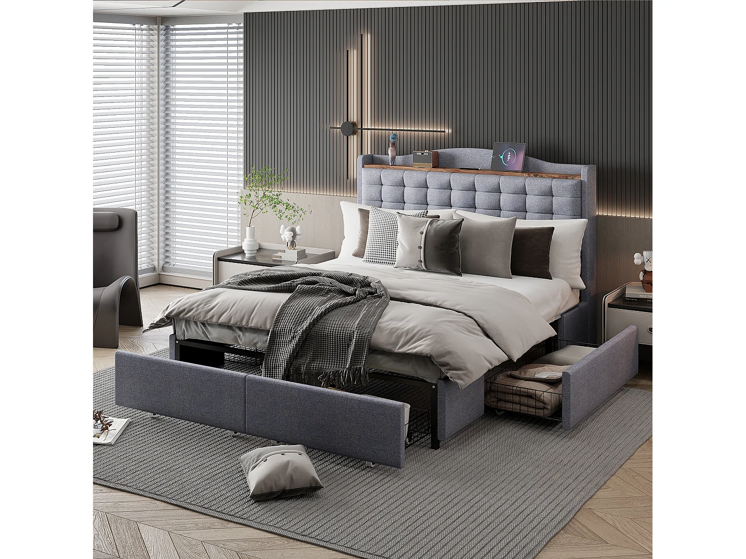 Lit capitonné 140 x 200 cm, lit double avec avec port de recharge USB et étagère, Espace de Rangement avec 4 tiroirs, en Lin Gris