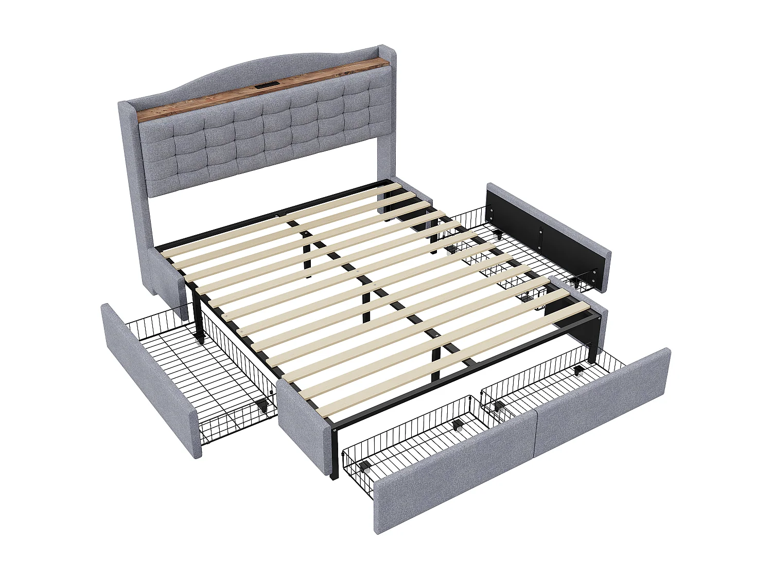 Lit capitonné 140 x 200 cm, lit double avec avec port de recharge USB et étagère, Espace de Rangement avec 4 tiroirs, en Lin Gris