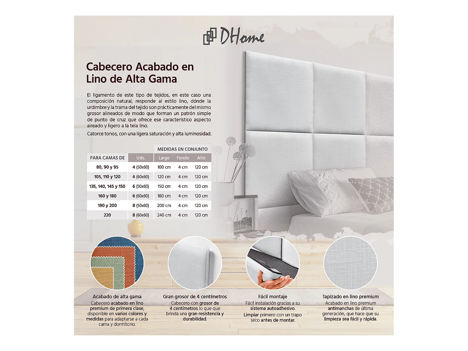 DHOME Tête de lit capitonnée en lin naturel composée de panneaux autocollants interchangeables pour chambre de luxe rembourrée (blanc, 145 cm)