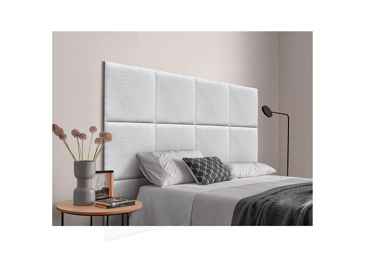 DHOME Tête de lit capitonnée en lin naturel composée de panneaux autocollants interchangeables pour chambre de luxe rembourrée (blanc, 145 cm)