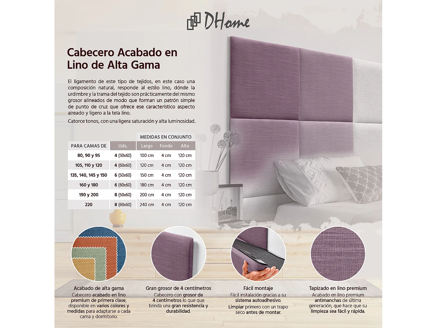 DHOME Gepolstertes Kopfteil aus Naturleinen, bestehend aus austauschbaren selbstklebenden Paneelen, luxuriöses Schlafzimmer gepolstert (Flieder, 95 cm)