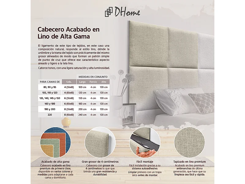 DHOME Gepolstertes Kopfteil aus Naturleinen, bestehend aus austauschbaren selbstklebenden Paneelen, luxuriöses gepolstertes Schlafzimmer (Beige, 110 cm)