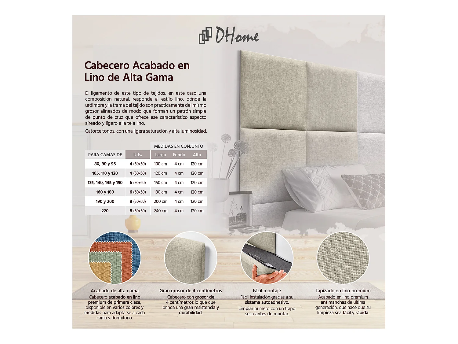 DHOME Tête de lit capitonnée en lin naturel composée de panneaux autocollants interchangeables pour chambre de luxe rembourrée (beige, 110 cm)