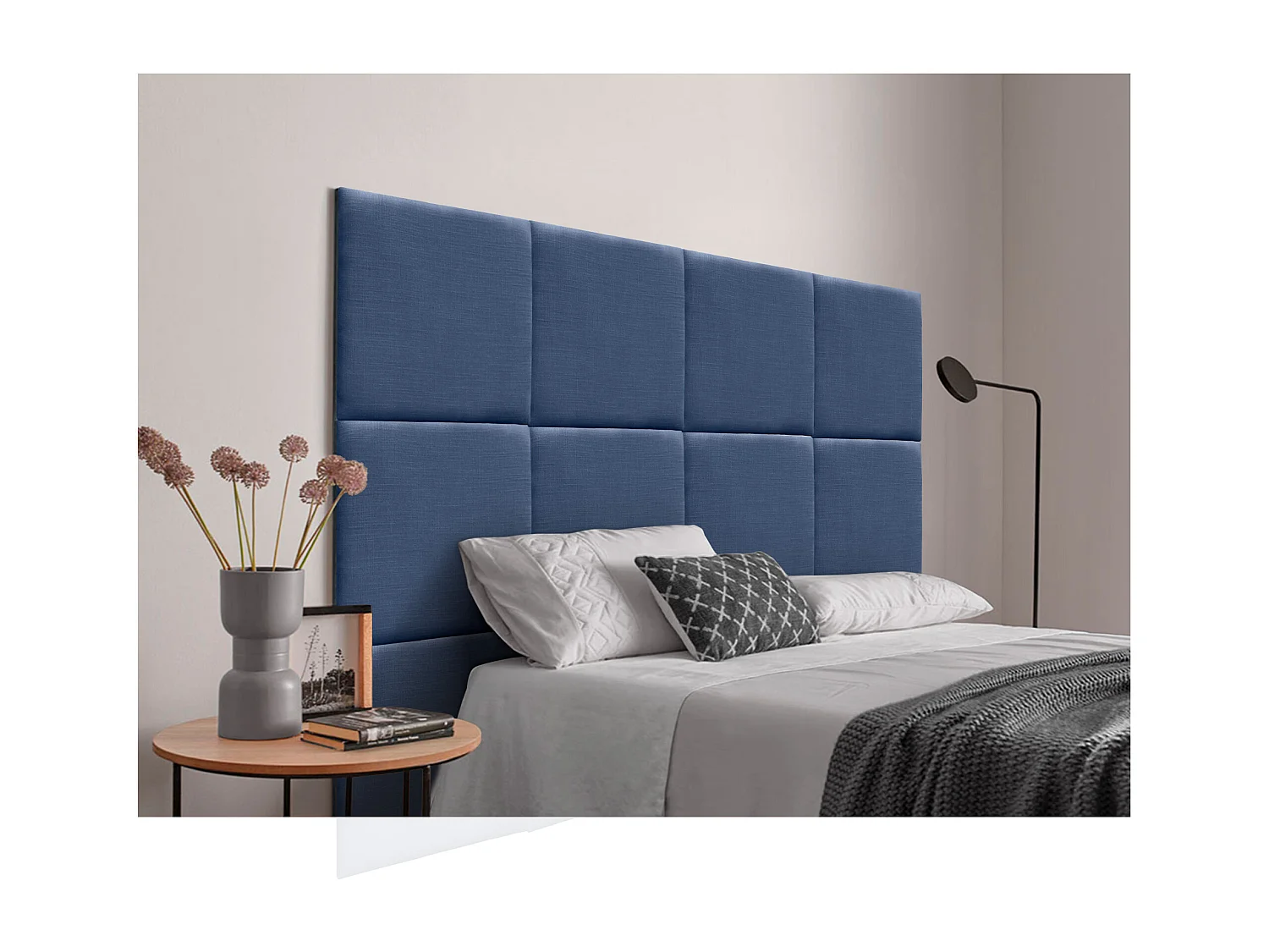 DHOME Tête de lit capitonnée en lin naturel composée de panneaux autocollants interchangeables pour chambre de luxe rembourrée (bleu marine, 150 cm)