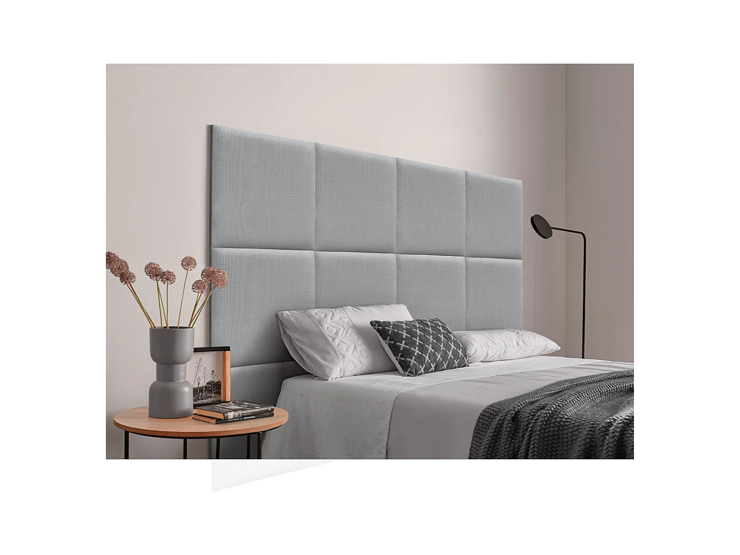 DHOME Tête de lit capitonnée en lin naturel composée de panneaux autocollants interchangeables pour chambre de luxe rembourrée (gris clair, 90 cm)