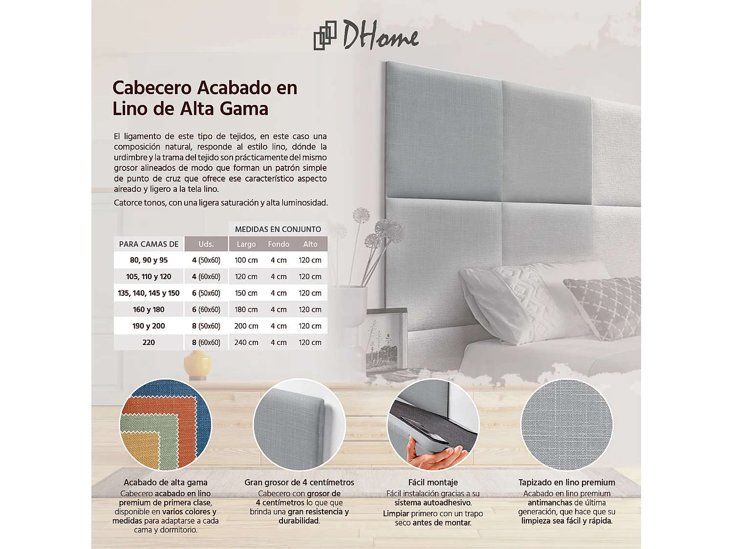 DHOME Tête de lit capitonnée en lin naturel composée de panneaux autocollants interchangeables pour chambre de luxe rembourrée (gris clair, 200 cm)