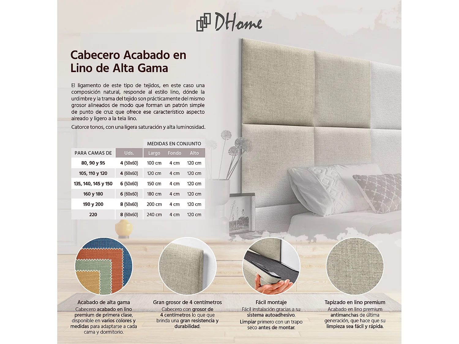 DHOME Gepolstertes Kopfteil aus Naturleinen, bestehend aus austauschbaren selbstklebenden Paneelen, luxuriöses gepolstertes Schlafzimmer (Beige, 135 cm)