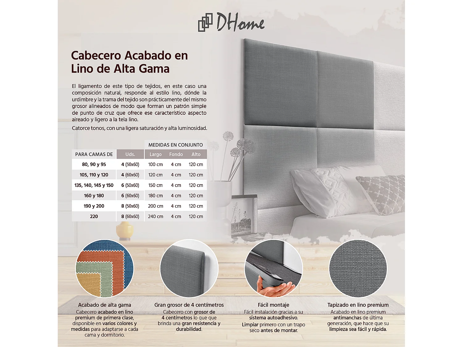 DHOME Gepolstertes Kopfteil aus Naturleinen, bestehend aus austauschbaren selbstklebenden Paneelen, luxuriöses gepolstertes Schlafzimmer (Dunkelgrau, 80 cm)