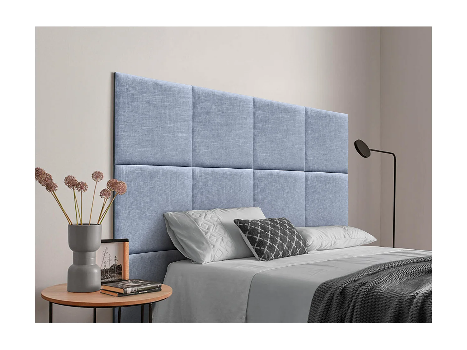 DHOME Gepolstertes Kopfteil aus Naturleinen, bestehend aus austauschbaren selbstklebenden Paneelen, luxuriöses Schlafzimmer gepolstert (blau, 120 cm)