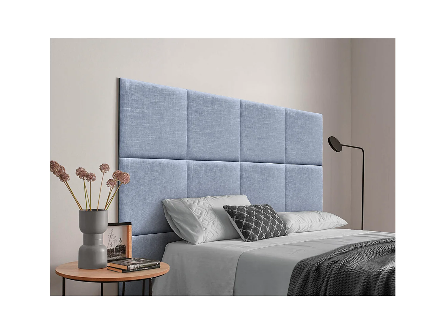 DHOME Tête de lit capitonnée en lin naturel composée de panneaux autocollants interchangeables pour chambre de luxe rembourrée (bleu, 120 cm)