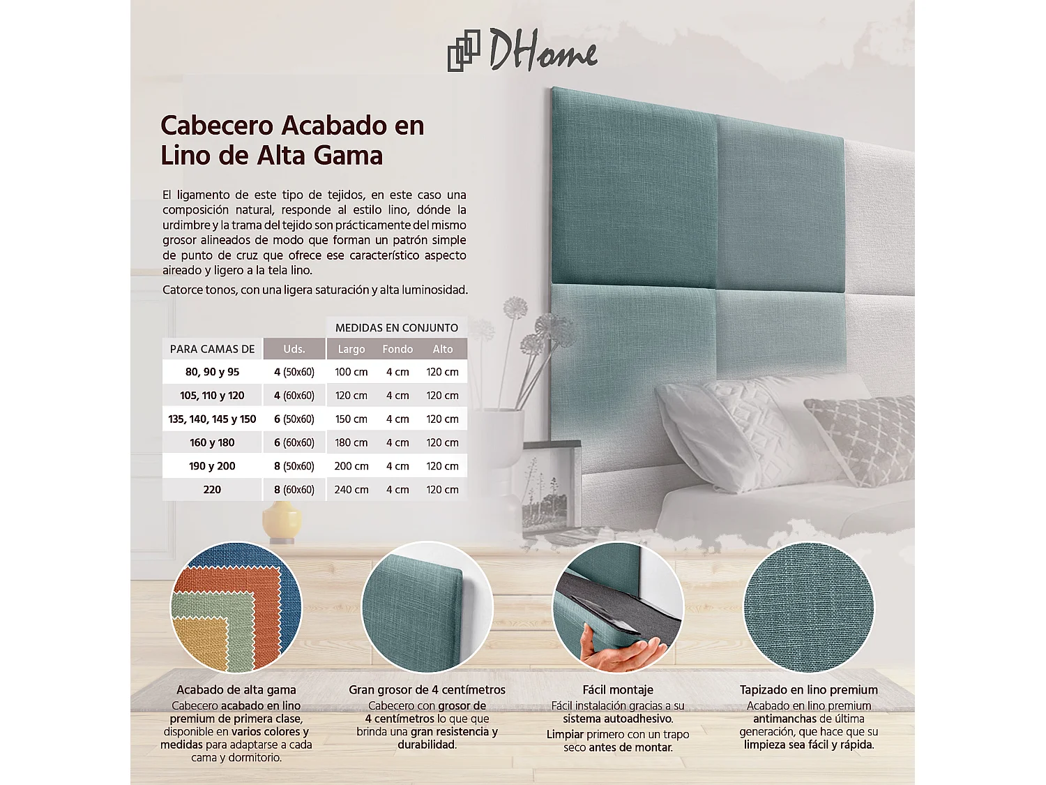DHOME Tête de lit capitonnée en lin naturel composée de panneaux autocollants interchangeables pour chambre de luxe rembourrée (turquoise, 105 cm)