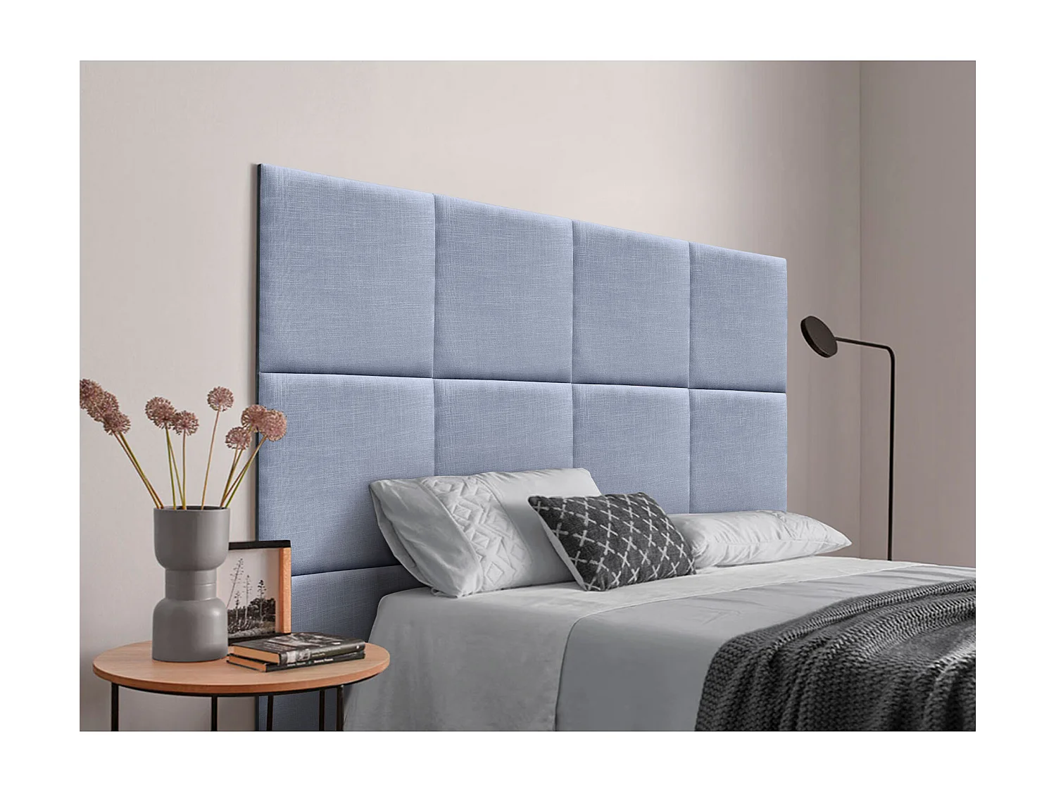 DHOME Tête de lit capitonnée en lin naturel composée de panneaux autocollants interchangeables pour chambre de luxe rembourrée (bleu, 95 cm)