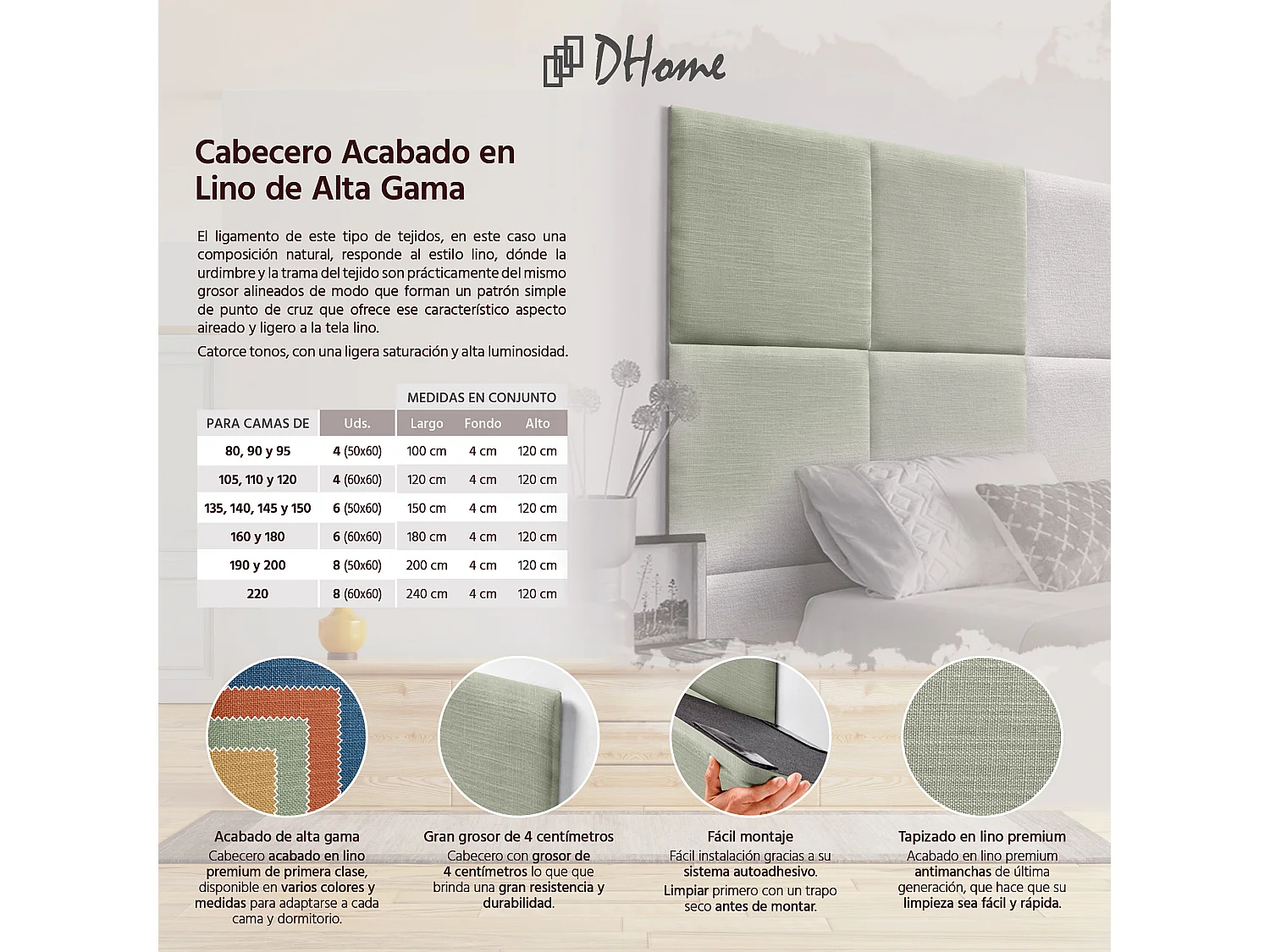 DHOME Tête de lit capitonnée en lin naturel composée de panneaux autocollants interchangeables pour chambre de luxe rembourrée (vert, 105 cm)