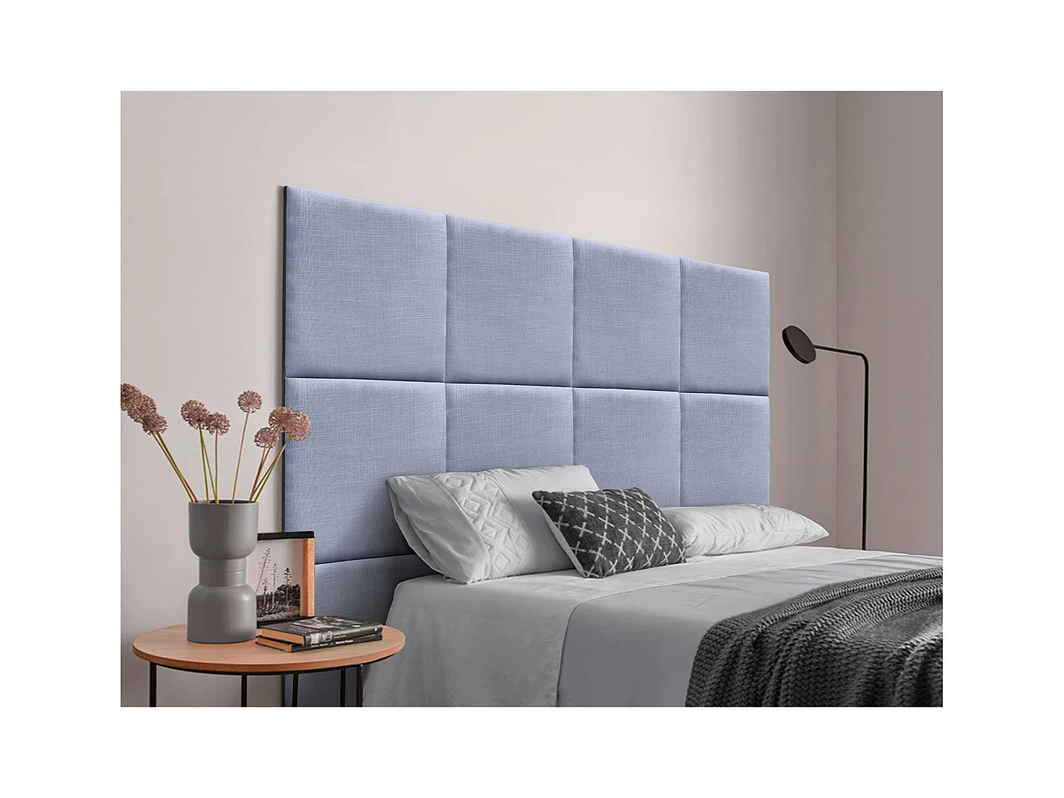 DHOME Tête de lit capitonnée en lin naturel composée de panneaux autocollants interchangeables pour chambre de luxe rembourrée (bleu, 200 cm)
