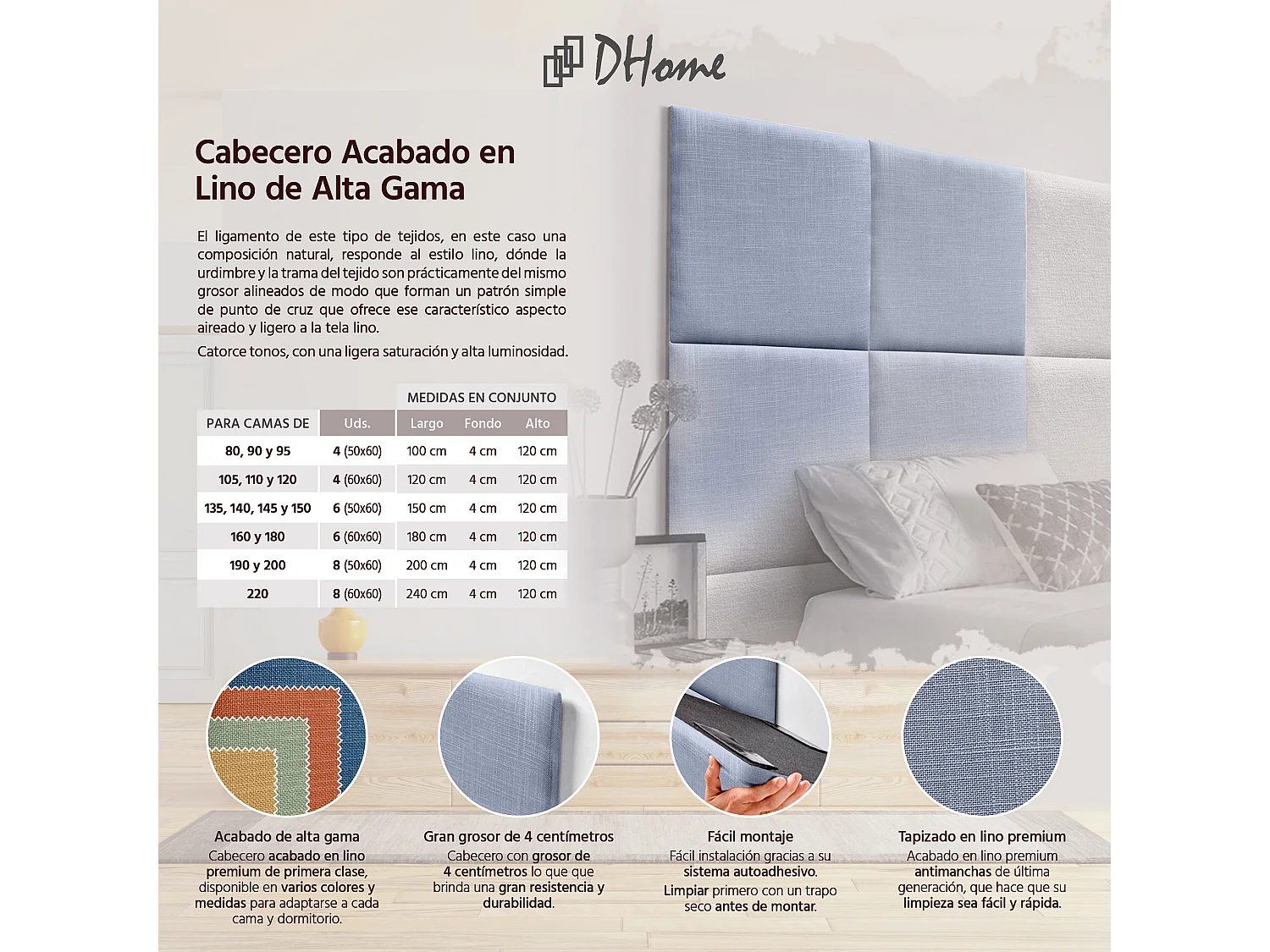 DHOME Tête de lit capitonnée en lin naturel composée de panneaux autocollants interchangeables pour chambre de luxe rembourrée (bleu, 220 cm)