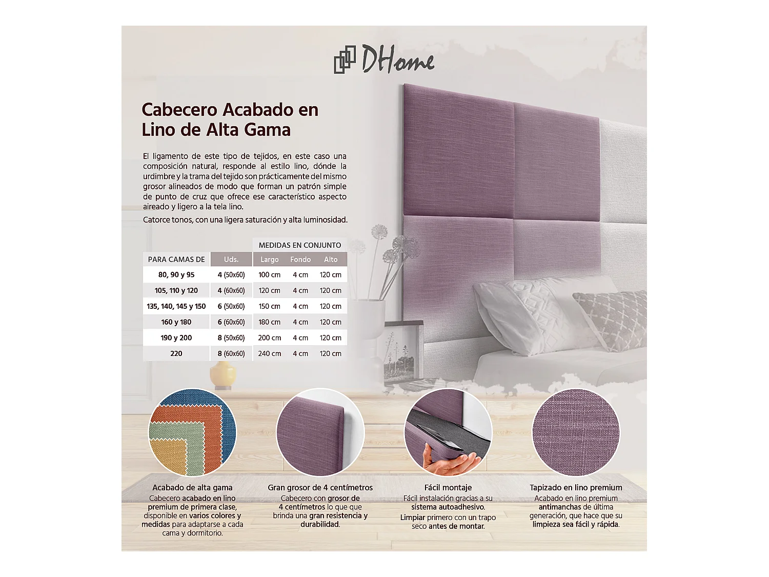 DHOME Tête de lit capitonnée en lin naturel composée de panneaux autocollants interchangeables pour chambre de luxe rembourrée (lilas, 140 cm)