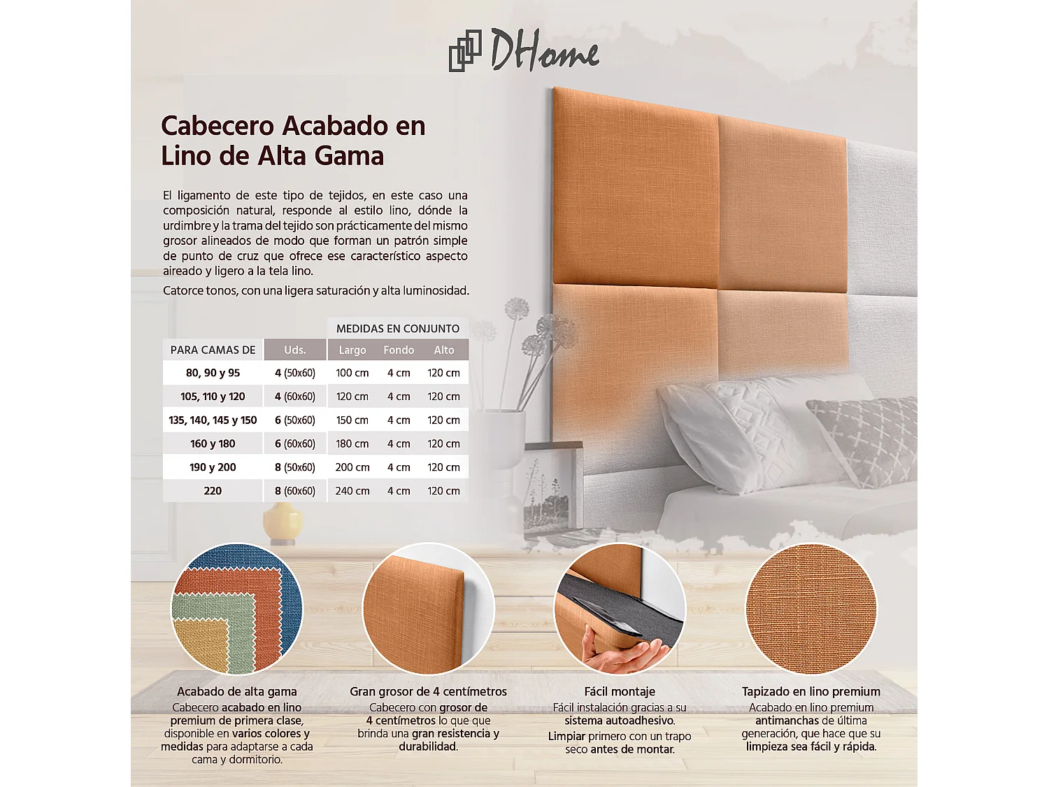 DHOME Gepolstertes Kopfteil aus Naturleinen, bestehend aus austauschbaren selbstklebenden Paneelen, luxuriöses gepolstertes Schlafzimmer (Orange, 95 cm)