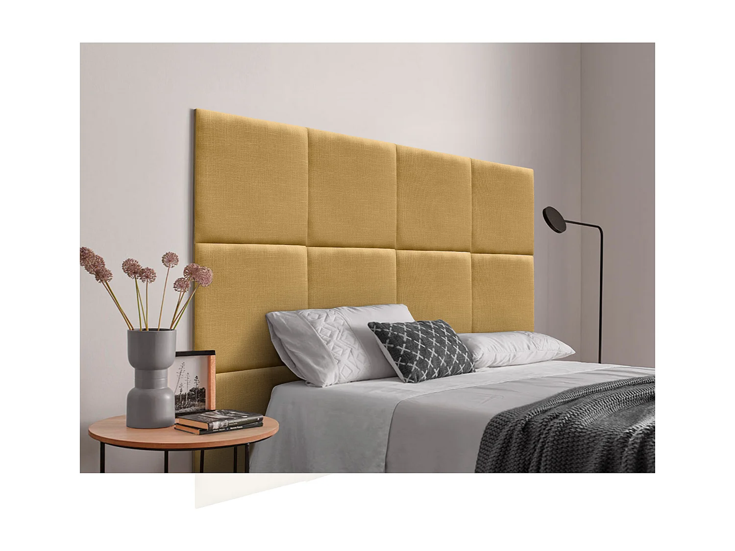 DHOME Tête de lit capitonnée en lin naturel composée de panneaux autocollants interchangeables pour chambre de luxe rembourrée (moutarde, 145 cm)