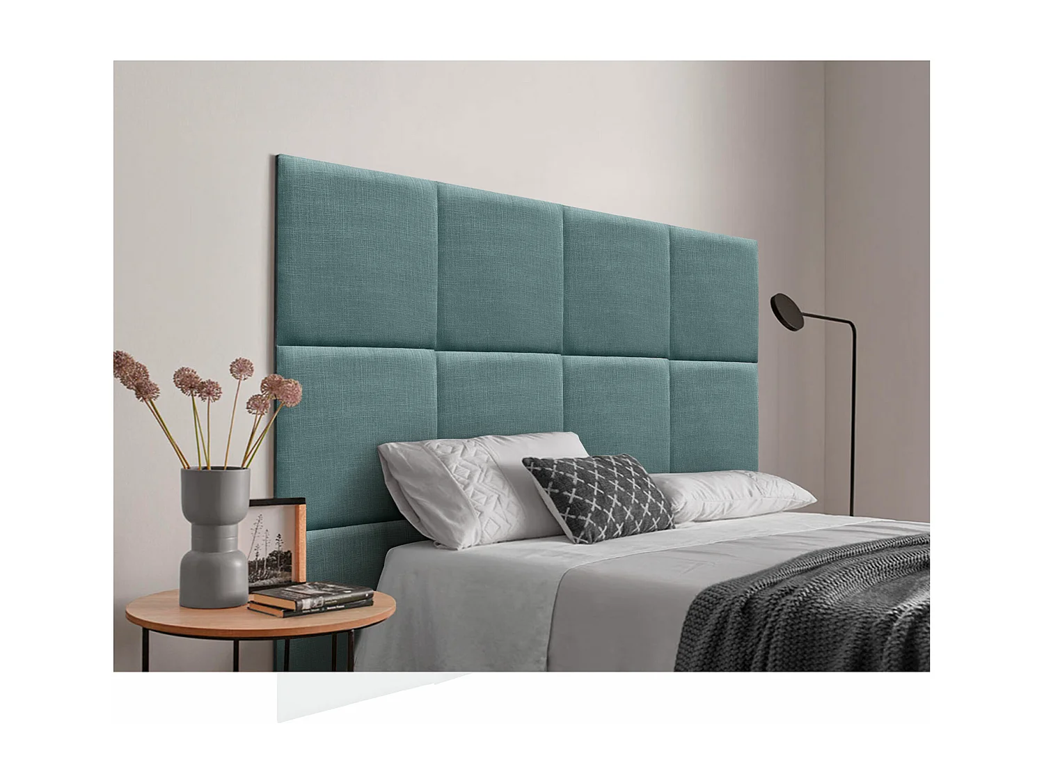 DHOME Tête de lit capitonnée en lin naturel composée de panneaux autocollants interchangeables pour chambre de luxe rembourrée (turquoise, 220 cm)