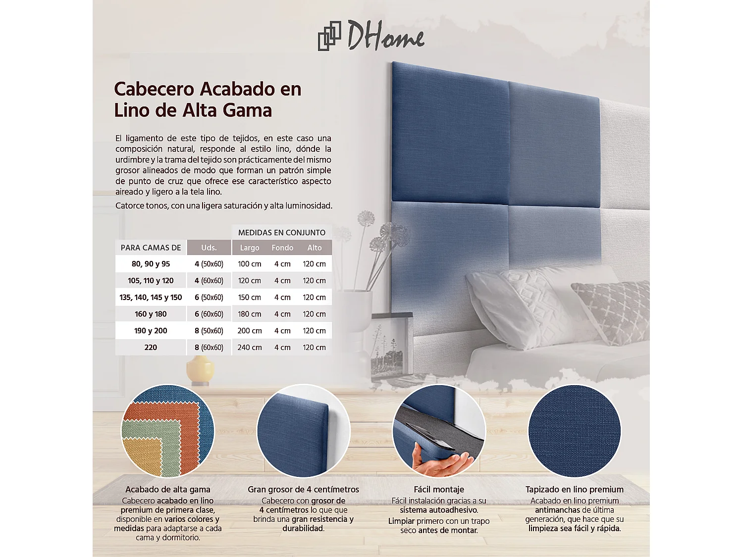 DHOME Tête de lit capitonnée en lin naturel composée de panneaux autocollants interchangeables pour chambre de luxe rembourrée (bleu marine, 110 cm)