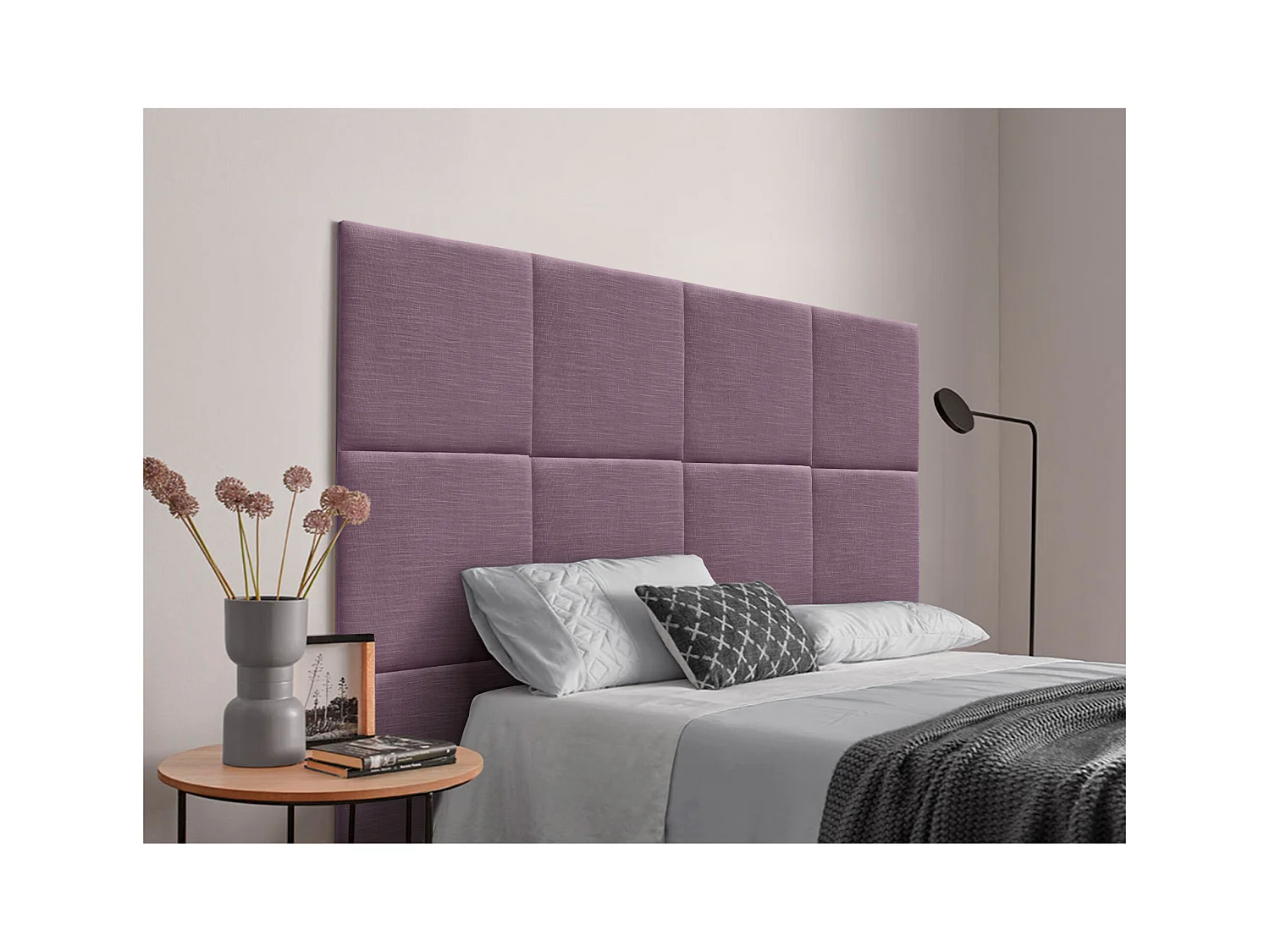 DHOME Tête de lit capitonnée en lin naturel composée de panneaux autocollants interchangeables pour chambre de luxe rembourrée (lilas, 90 cm)