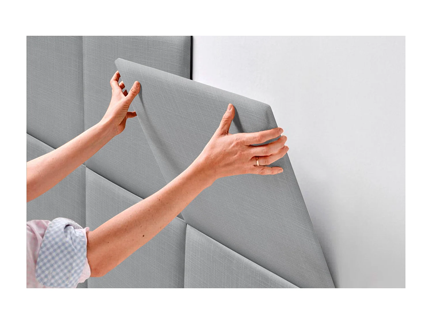 DHOME Tête de lit capitonnée en lin naturel composée de panneaux autocollants interchangeables pour chambre de luxe rembourrée (gris clair, 120 cm)