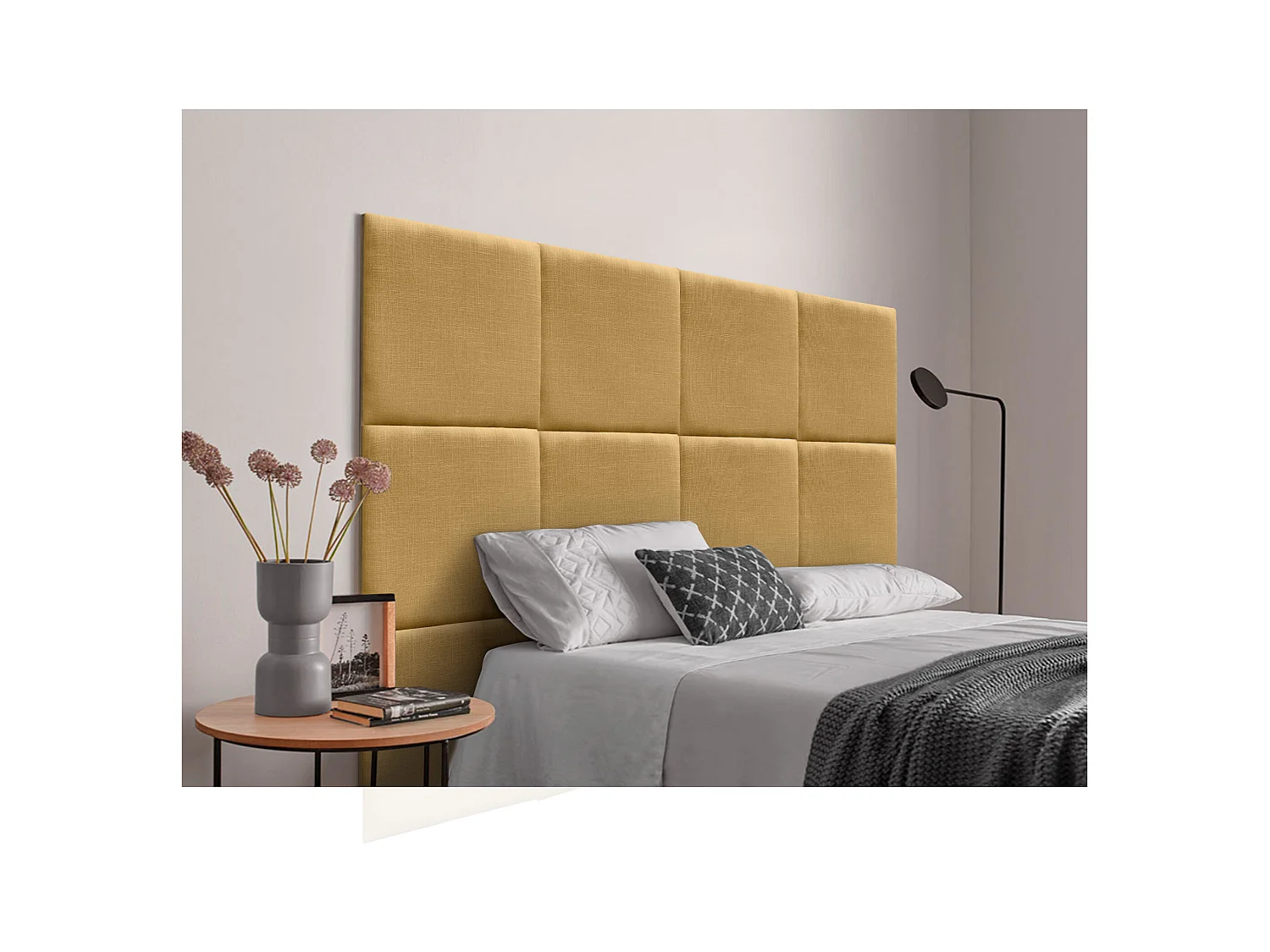 DHOME Tête de lit capitonnée en lin naturel composée de panneaux autocollants interchangeables pour chambre de luxe rembourrée (moutarde, 90 cm)