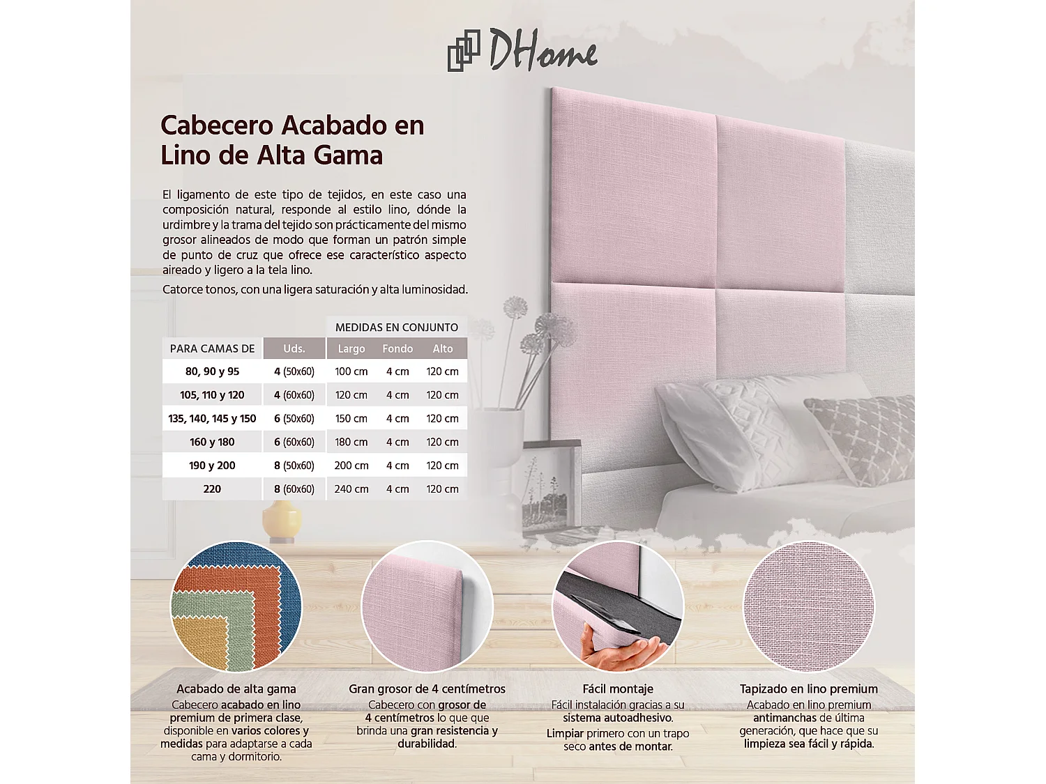 DHOME Tête de lit capitonnée en lin naturel composée de panneaux autocollants interchangeables pour chambre de luxe rembourrée (rose, 160 cm)
