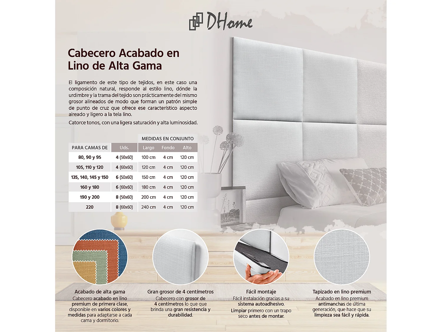 DHOME Testiera Imbottita in Lino Naturale Composta da Pannelli Autoadesivi Intercambiabili Camera da Letto di Lusso Imbottita (Bianco,220cm)