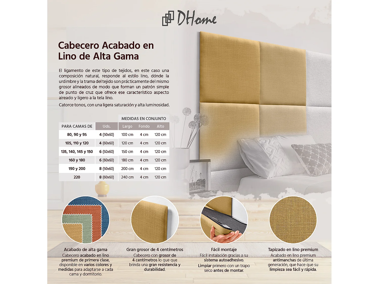 DHOME Testiera Imbottita in Lino Naturale Composta da Pannelli Autoadesivi Intercambiabili Camera da Letto di Lusso Imbottita (Senape, 105 cm)