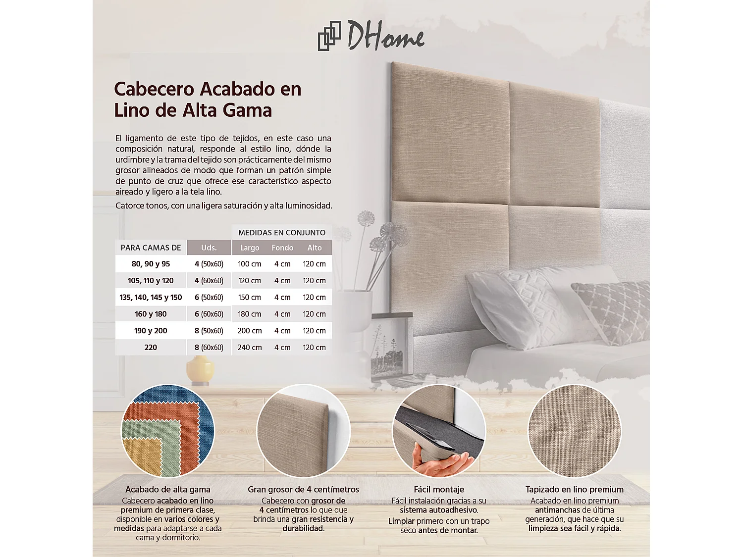 DHOME Tête de lit capitonnée en lin naturel composée de panneaux autocollants interchangeables pour chambre de luxe rembourrée (Terre, 120 cm)